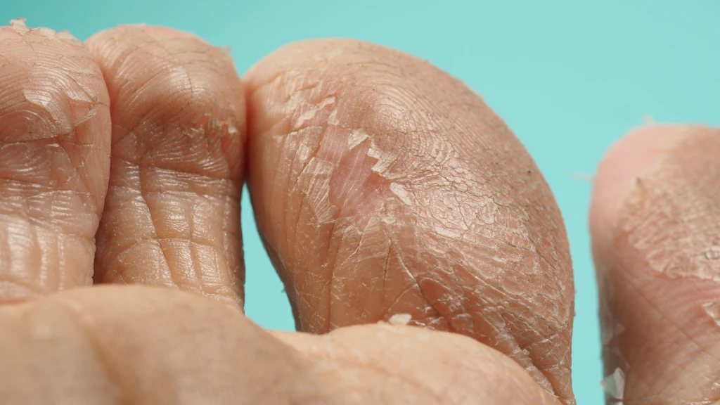 Close-up of toes with peeling and scaling skin, typical of a fungal skin infection (athlete's foot)