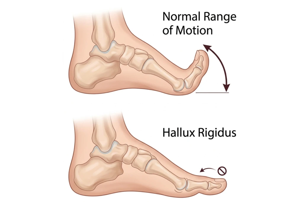 Illustration comparing a normal big toe joint range of motion with a stiff hallux rigidus joint