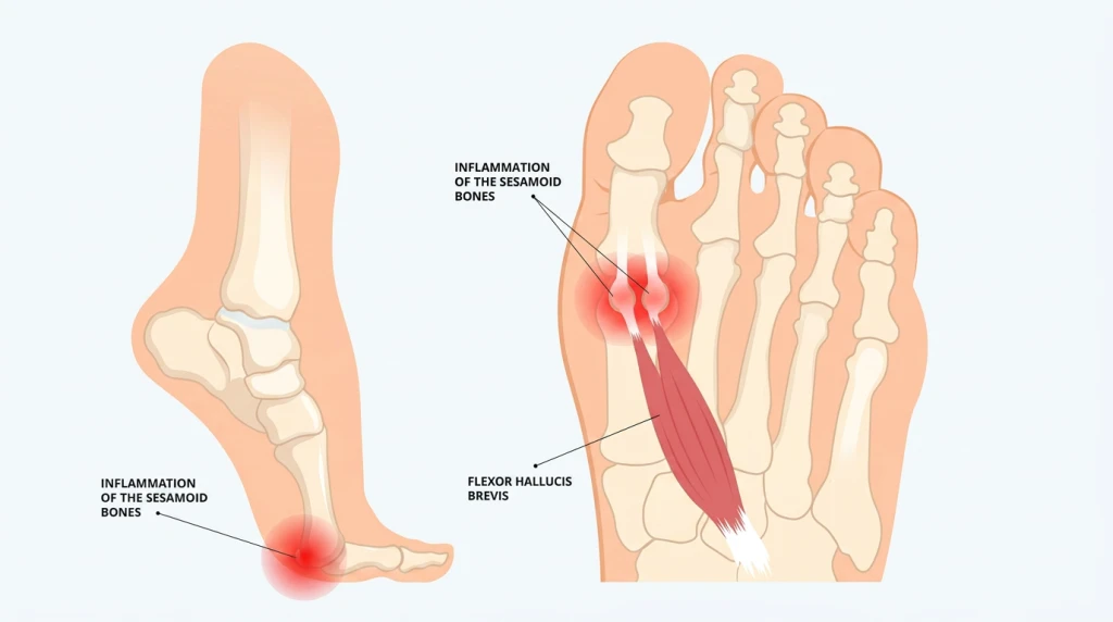 Podiatrist assessing the foot and lower limb to identify factors contributing to Sesamoiditis