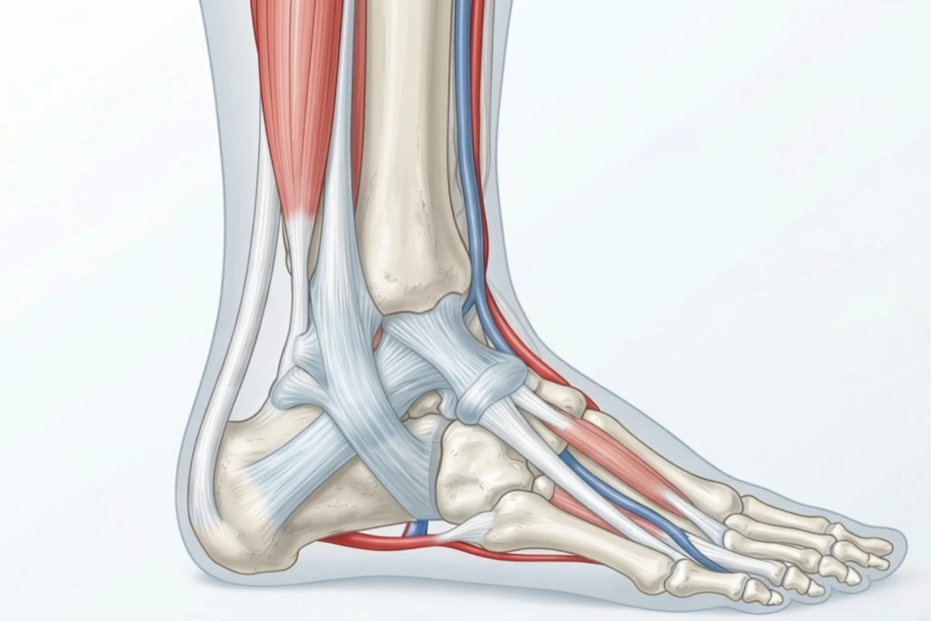 An anatomical illustration of ankle anatomy from the inner side, showing the bones, ligaments, Achilles tendon, muscles, arteries, and veins of the foot and ankle.