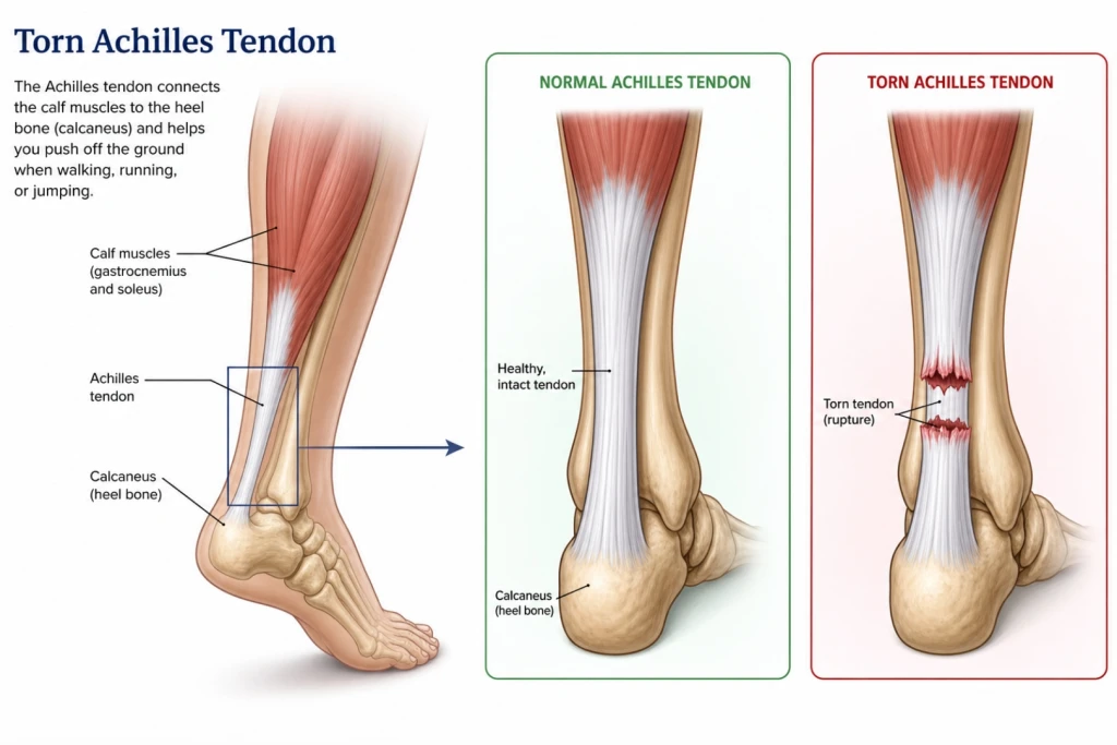 An illustration of an Achilles tendon tear, labelling the calf muscles, tendon, and heel bone, with panels comparing a healthy intact tendon against a ruptured one.