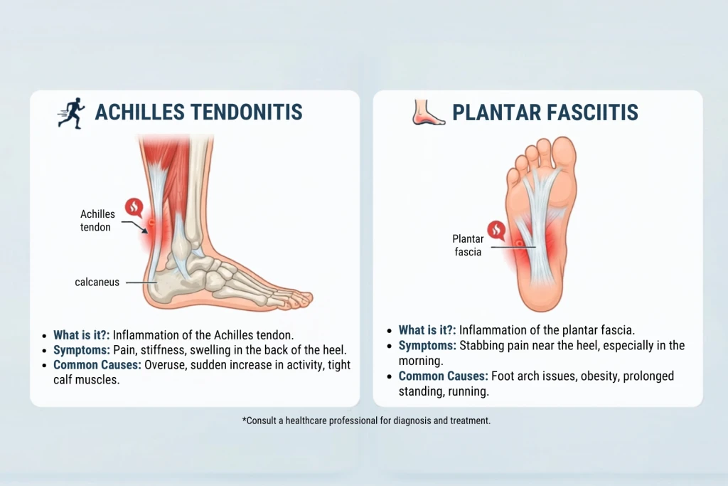 An illustration comparing Achilles tendonitis and plantar fasciitis as causes of heel pain, each panel labelling the affected structure with its symptoms and common causes.
