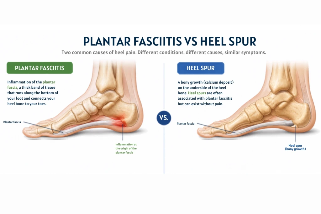 An illustration comparing plantar fasciitis and heel spur, showing inflammation at the plantar fascia origin on one foot and a bony growth under the heel bone on the other.