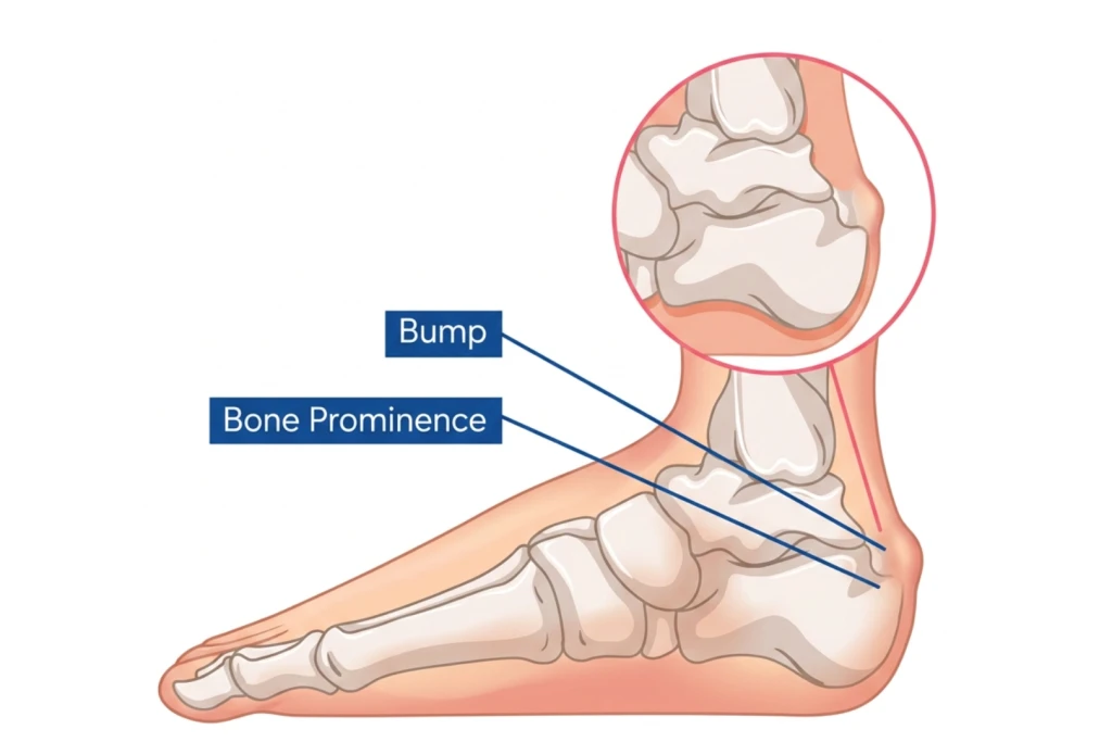 Labelled illustration of the side of the foot showing a bony prominence at the back of the heel bone, characteristic of Haglund's deformity