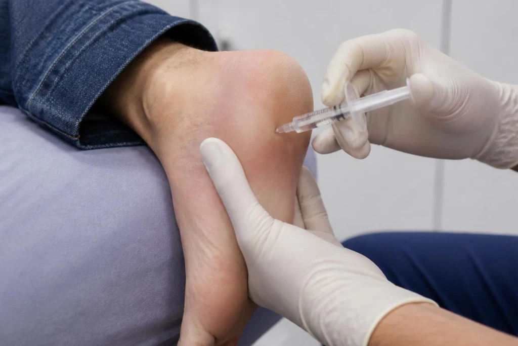 A gloved clinician steadies a patient's heel while inserting a fine needle into the side of it, the cortisone injection route for plantar fasciitis.