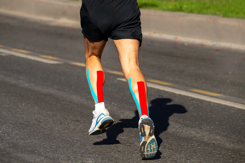 A runner seen from behind on a road with red and blue kinesiology tape down both calves, the running load through the heel cord that aggravates insertional Achilles tendinopathy.