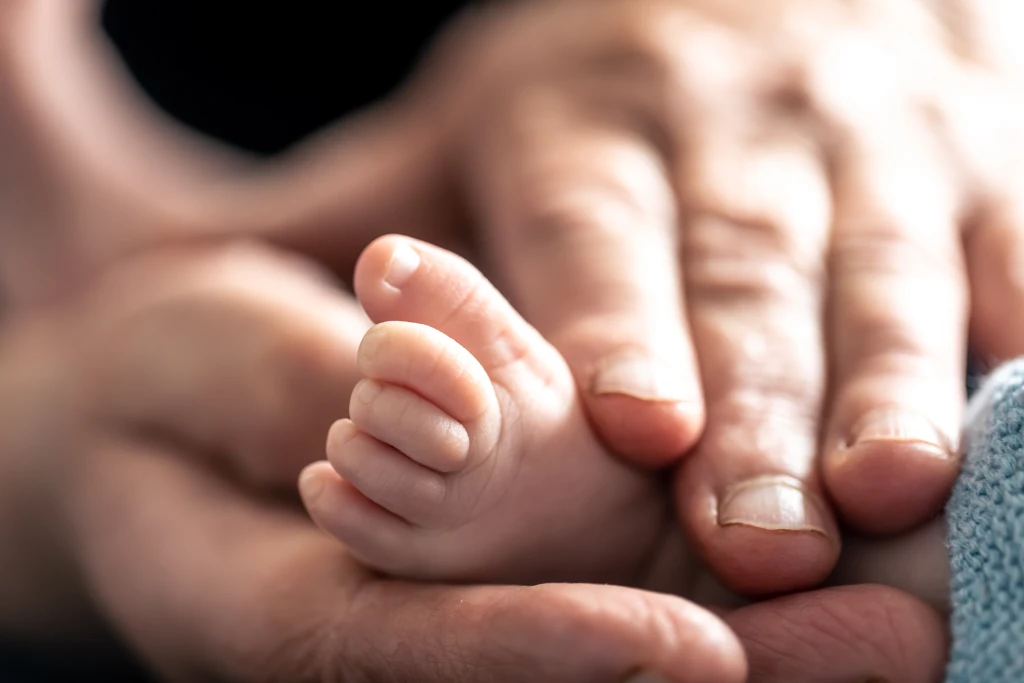 A newborn's foot cradled in an adult's hands with the small toes naturally curled, an infant appearance distinct from hammer toe vs claw toe vs mallet toe.