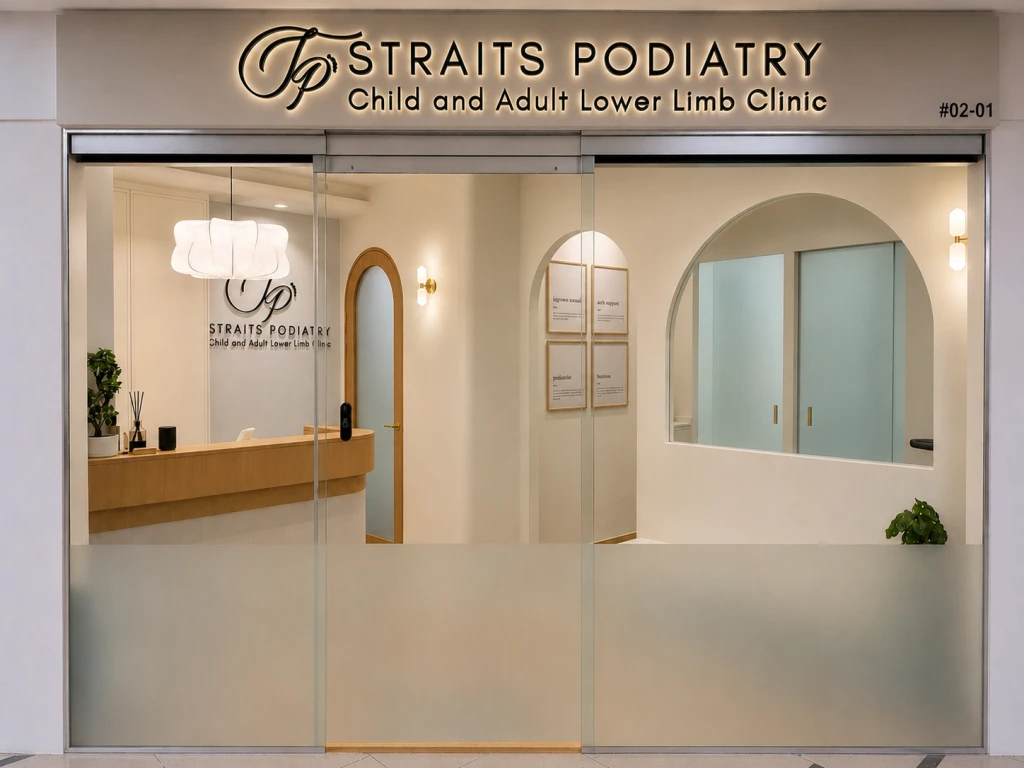Glass storefront entrance of the Straits Podiatry Child and Adult Lower Limb Clinic, unit 02-01, with the reception visible inside