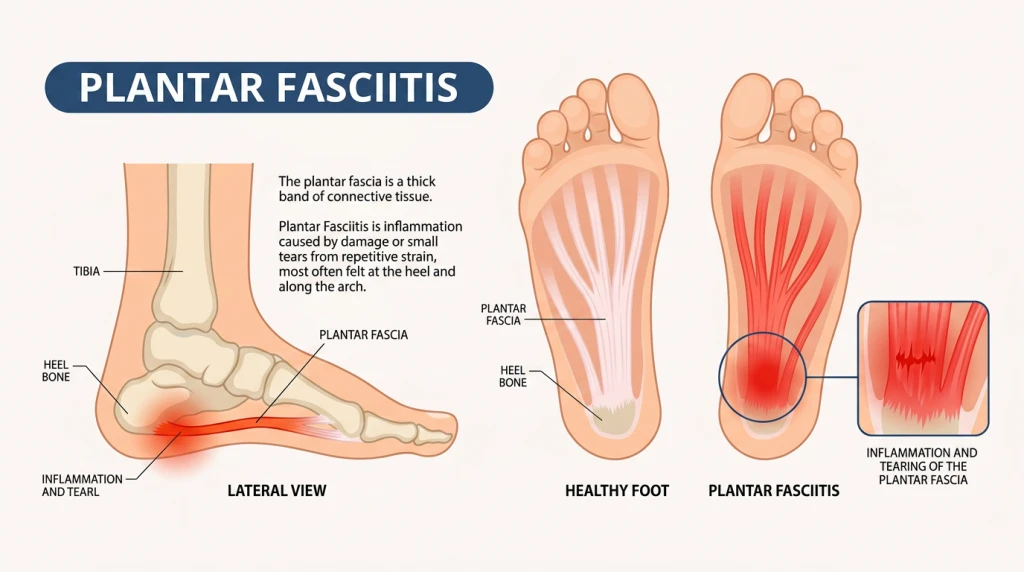 Labelled illustration of plantar fasciitis showing the plantar fascia band and inflammation at the heel, comparing a healthy foot with an inflamed and torn plantar fascia