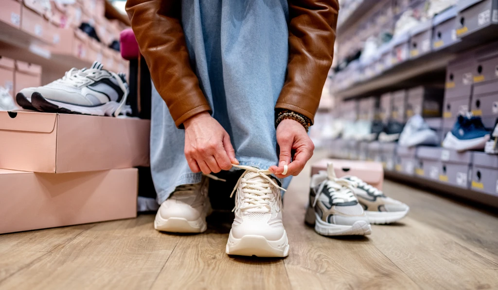 A shopper crouching in a shoe shop to lace a white cushioned sneaker beside rows of shoe boxes, the in-store fitting that settles what shoes to wear for plantar fasciitis.