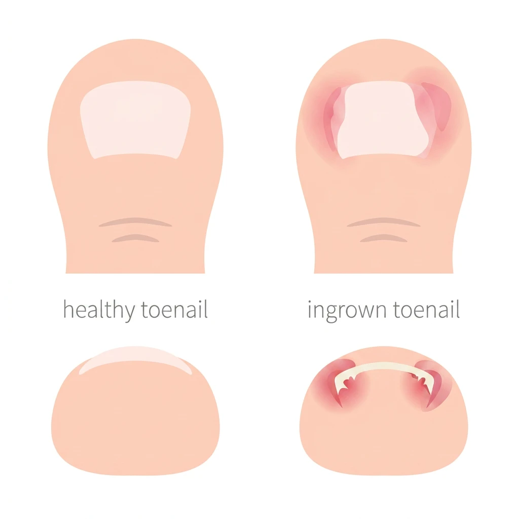 An illustration comparing a healthy toenail with an ingrown toenail, showing the nail edge curving into the surrounding skin