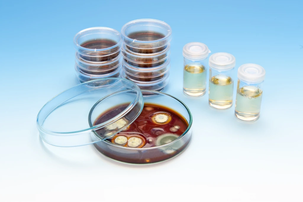Fungal culture test in a laboratory, with fungal colonies growing on agar in an open petri dish beside stacked culture plates and sample vials