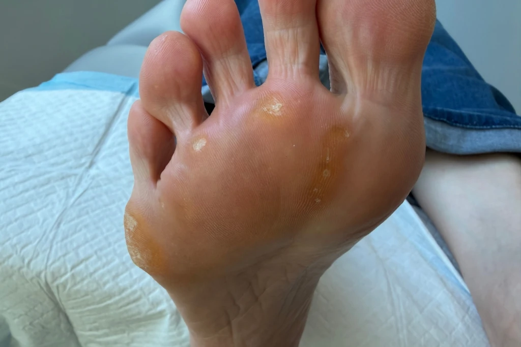 The underside of a forefoot showing several small, firm, yellowish thickened patches of skin on the weight-bearing areas, corns