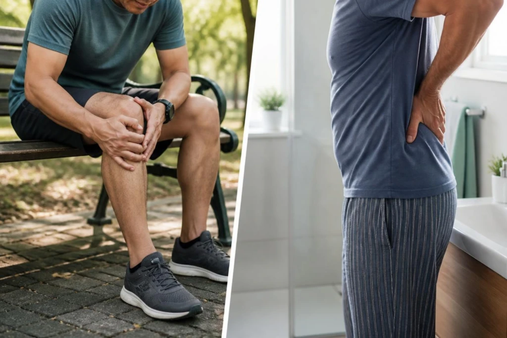 Split image of a man on a park bench holding a painful knee and a man standing indoors holding his lower back, showing pain felt higher up the body