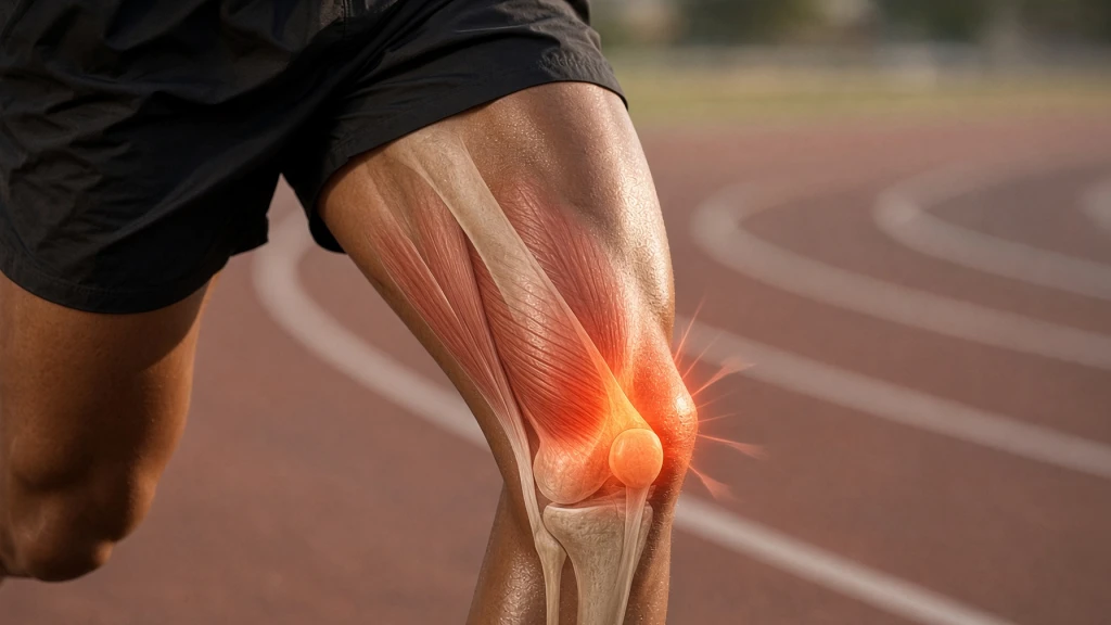 Anatomical illustration on a runner's knee showing the thigh muscles and kneecap, with the patellofemoral joint glowing to mark stress and pain